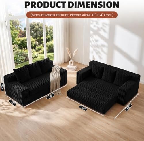 Convertible Sofa Bed, Small Boneless Couch, Corduroy 3 Seater Boneless Couch Bed - Image 2