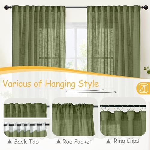 YoungsTex Olive Green Linen Semi Sheer Curtains 72 Inch Length - Image 6