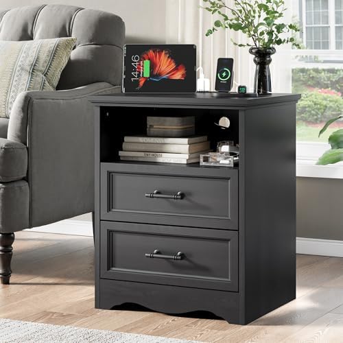YANSNWO Black Nightstand with Charging Station, 19.7" 2-Drawer End Table - Image 2