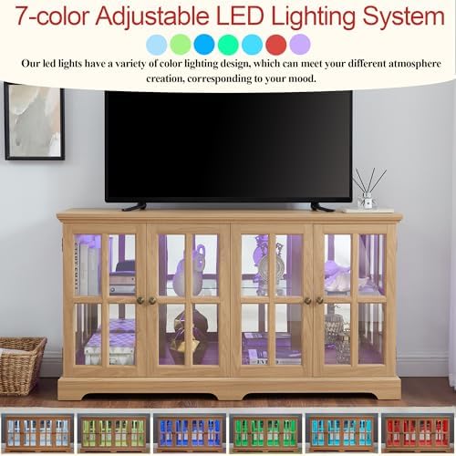 59" Glass Curio Display Storage Cabinet, 4 Doors LED Light Multipurpose - Image 5