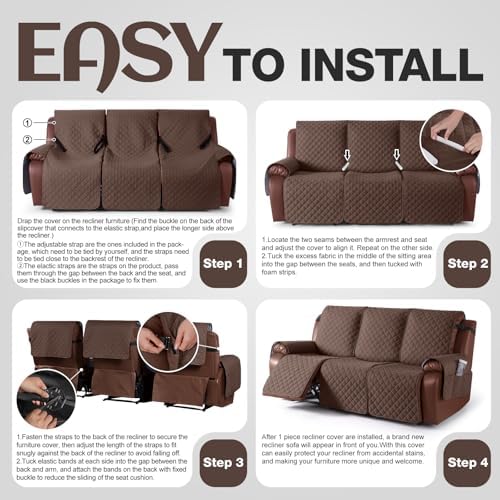 KinCam Waterproof Recliner Sofa Covers Washable, 3 Seater, Deep Brown - Image 6