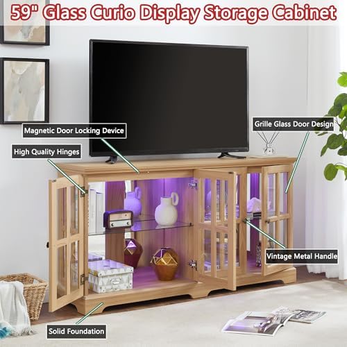 59" Glass Curio Display Storage Cabinet, 4 Doors LED Light Multipurpose - Image 4