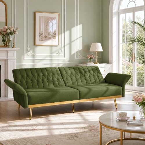 70” Velvet Futon Sofa Bed w/Adjustable Armrests, Olive Green - Image 2