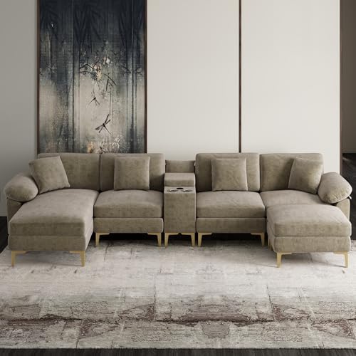 OUYESSIR 128" U-Shaped Shimmer Chenille Sectional Couch, Light Brown by OUYESSIR