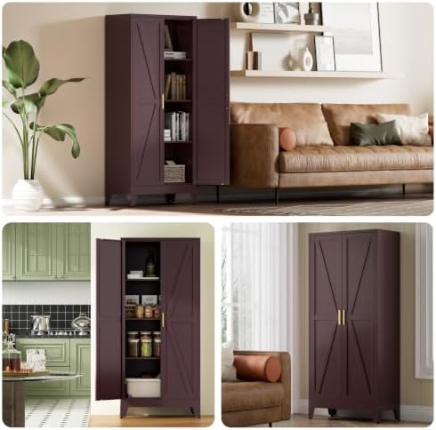 Metal Pantry Cabinet, Cherry Red Kitchen Storage Cabinets - Image 4