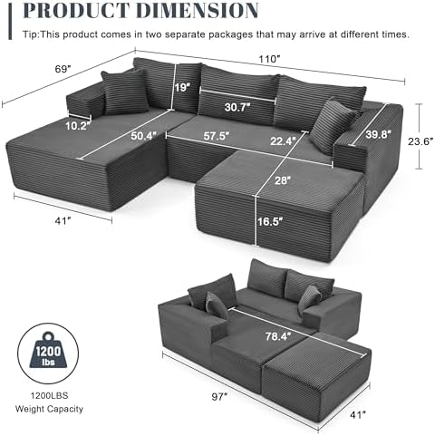 Mangodan 110” Cloud Sectional Couch, Modular Sectional Sofa - Image 3