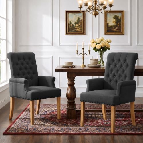 Dining Chair with Arms, Upholstered High Back Dining Room Chairs, Dark Grey by WUTUTUEE
