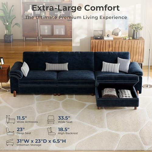 SITJOY Cloud Couch Sectional, 3 Seater L-Shaped Sofa, Chenille in Navy Blue - Image 3
