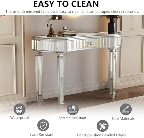 Silver Mirrored Console Table, Modern Luxury Entryway Vanity Desk Mirrored - Image 3