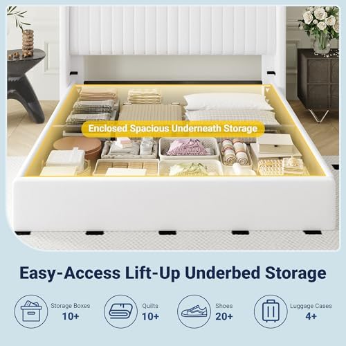 Allewie Full Size Lift Up Storage Bed Frame Channel Tufted Headboard White - Image 4