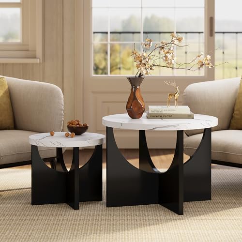 LIKIMIO Nesting Coffee Tables Set of 2, 23.6" Small Tables, Marble White - Image 4