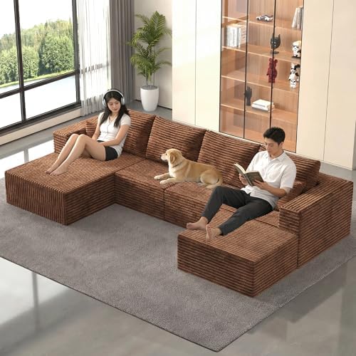 138" Modern Modular Sectional Sofa, U-Shaped Cloud Couch, Soft Corduroy - Image 3