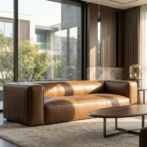 92.5-Inch Cognac Tan Genuine Leather Sofa, Modern 3-Seater Couch - Image 2