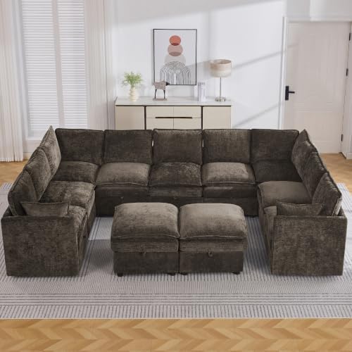 130" Brown Oversized Modular Storage Sofa, U Shaped Chenille Cloud Couch by Abbrevi