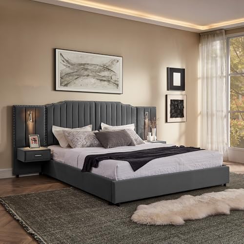 King Size Bed Frame with LED Lights and Nightstands, Modern Velvet Upholstered by Kolavess