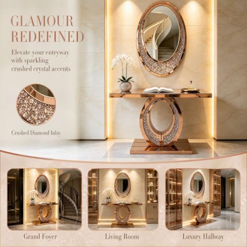 Mirrored Console Table with Crushed Diamond Inlay, 39.3" Oval-Shaped - Image 6