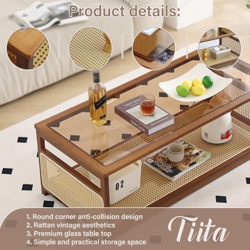 Tiita Large Bamboo Rectangle Coffee Table, Glass Top, Rattan Storage - Image 4