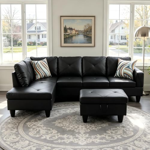 L-Shaped Sectional Sofa with Movable Chaise & Storage Ottoman, Leather 3-Piece by Outdoorchairs