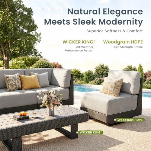 PHI VILLA 4 Piece Wicker Patio Sectional Furniture Set 8.7" Gray Cushions - Image 2