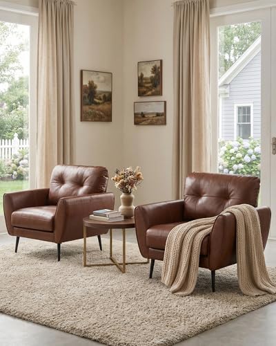 Brown Leather Accent Chairs Set of 2, Tufted Reading Chairs - Image 3