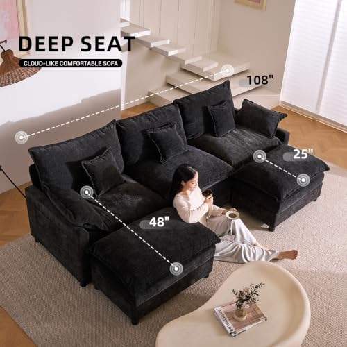GOSUHI 108" U-Shaped Modular Cloud Couch, Deep Seat, Chenille Black - Image 4