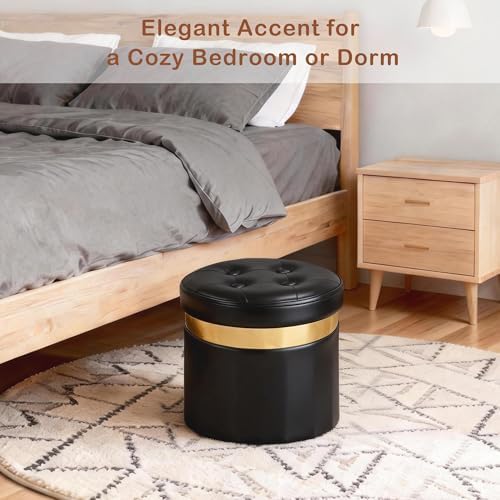 xuperbonus Small Ottoman with Storage, Folding Round Ottoman with Gold Trim - Image 6