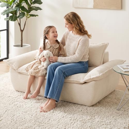 56" Boneless Loveseat, 2-Seater Beige Boneless Sofa by AOLVDOW
