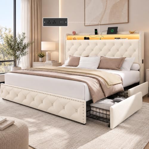 LARMACE Queen Bed Frame with 4 Storage Drawers, LED & USB Charging by LARMACE