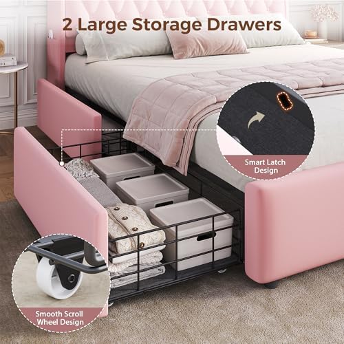 Full LED Velvet Bed Frame with 2 Storage Drawers&Hidden Headboard, Upholstered - Image 6