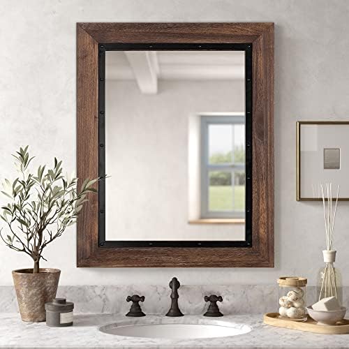 YOSHOOT Rustic Wooden Framed Wall Mirror, Natural Wood and Iron Bathroom Vanity - Image 2