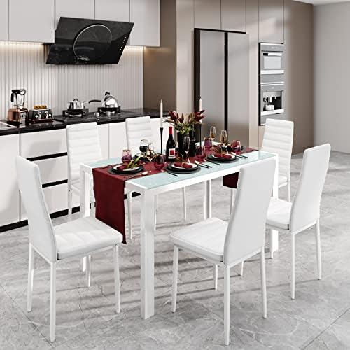 Gizoon White 7 Piece Glass Dining Table Set, Kitchen Table and Chairs Set - Image 2