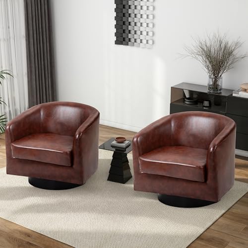 Pia Ricco Set of 2 Oversized Faux Leather 360° Swivel Barrel Accent Chair Red by PiaRicco