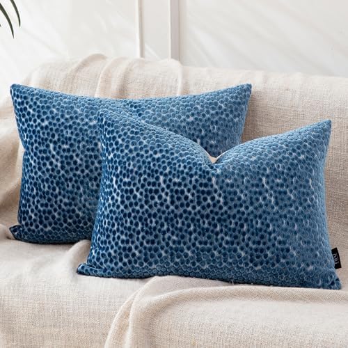 FIFU Lumbar Pillow Covers 14x20 Inch Set of 2, Jacquard Velvet, Oxford Blue by FIFU