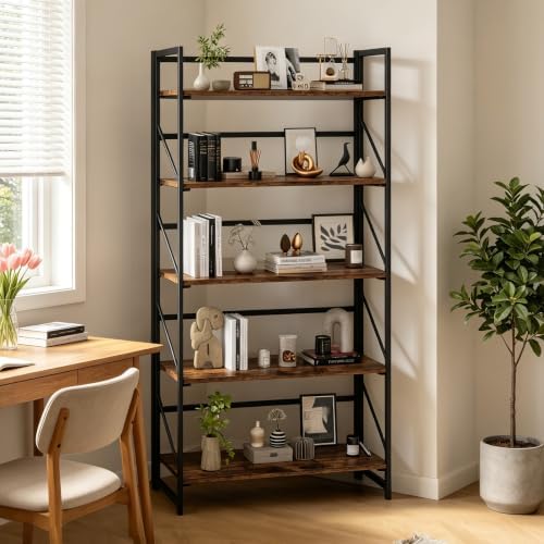 JSB 5 Tier No Assembly Folding Bookshelf, 30.7" Wide Foldable Storage Bookcase - Image 6