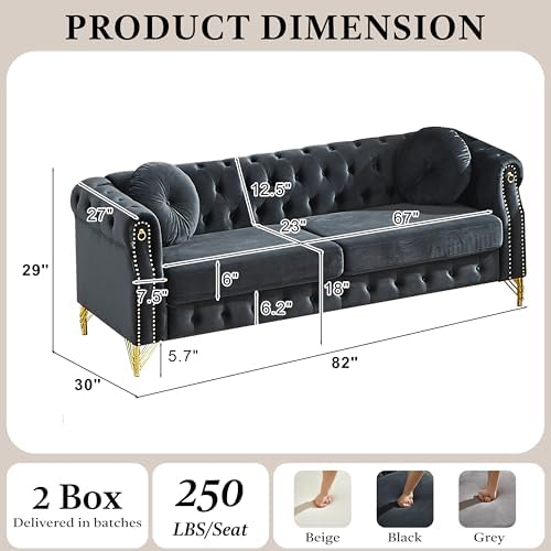 82" 3-Seater Black Velvet Chesterfield Sofa - Image 2