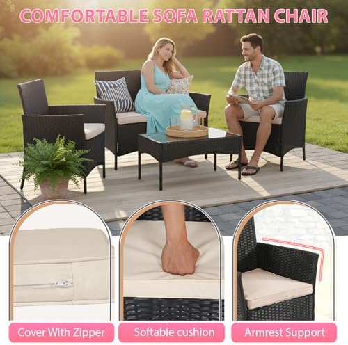FDW 4-Piece Patio Furniture Set | Black & Beige | Outdoor Wicker Furniture - Image 5