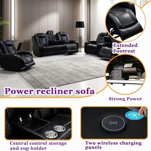 Power Recliner Sofa Set with LED, 3 Pieces Sectional Couch, Breathing Leather - Image 3
