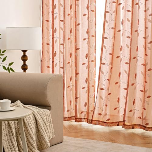 MIULEE Burnt Orange Sheer Fall Curtains 2 Panels Leaf Patterned, W52 x L63 - Image 3