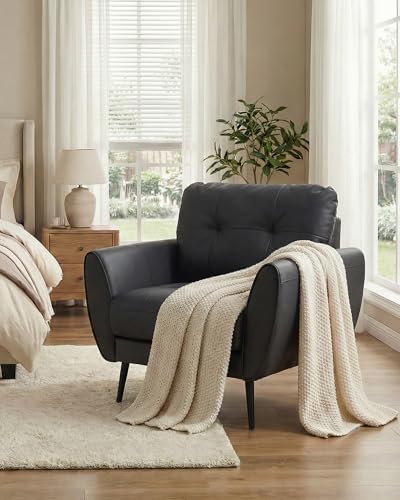 Black Leather Accent Chair, Tufted Reading Armchair - Image 3