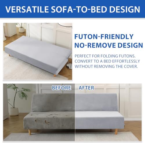 XINEAGE Velvet Armless Futon Cover, Stretch Pet Futon Slipcover, Sliver Grey - Image 6