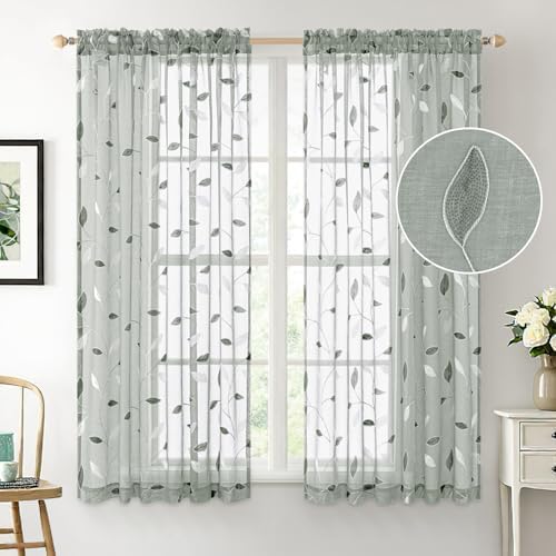 MIULEE Sage Sheer Curtains 2 Panels Embroidered Leaf Patterned, W52 x L63 - Image 3