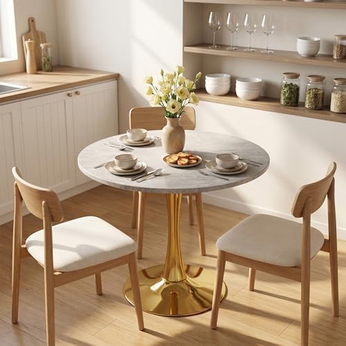 27.6" Marble Round Tulip Table, Mid-Century Modern Style Dining Table by Sybrioka