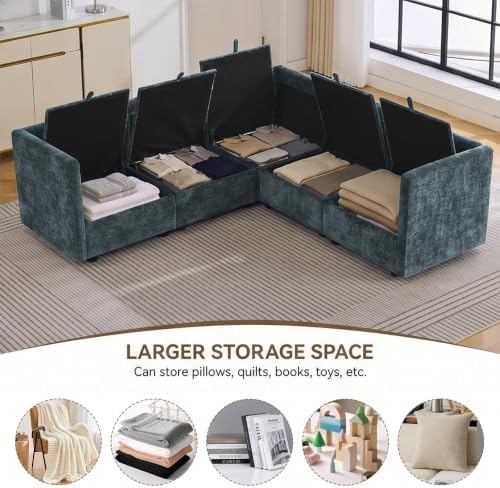 80" Blue Modular Storage Sofa, V Shaped Chenille Cloud Couch - Image 3