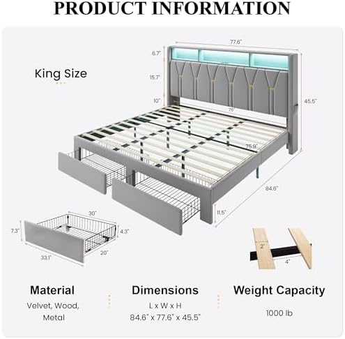SHA CERLIN King Bed Frame, 2 Storage Drawers & 2-Tier Storage Headboard - Image 2