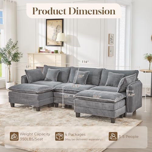 Corduroy Cloud Couch Modular Sectional Sofa, Oversized Deep Seat Modern - Image 2