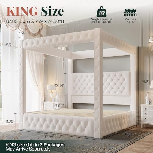 Jocisland King Canopy Bed Frame Velvet Upholstered Headboard - Image 2