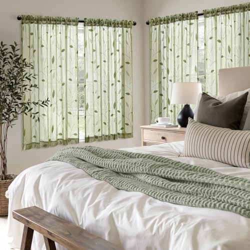 MIULEE Sage Green Sheer Curtains 2 Panels Leaf Patterned, W52 x L45 - Image 7
