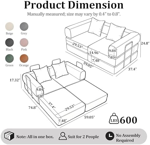 Convertible Compressed Corduroy Folding Cloud Sofa Bed, 5 in 1 Floor Mattress - Image 2