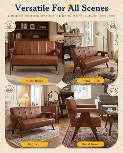 Mid Century Modern Brown Faux Leather Living Room Furniture Set of 2 - Image 4