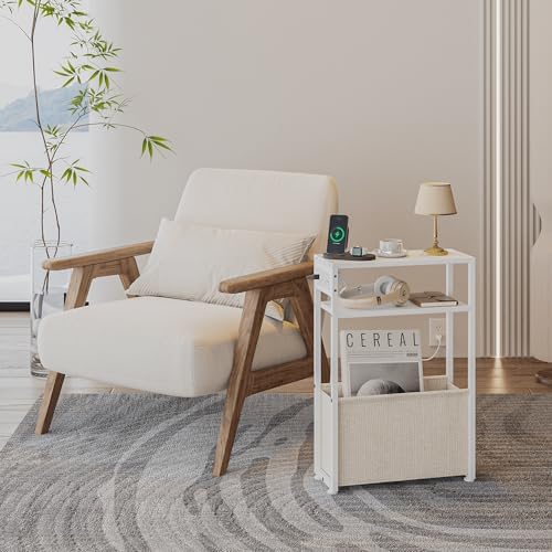 Leomonio White Side Table with Charging Station, Slim End Tables with Linen - Image 3